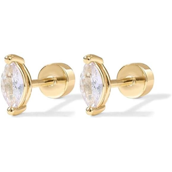 14K Gold Plated Solid 925 Sterling Silver Post Cubic Zirconia Flat Back Earrings - Picture 3 of 7